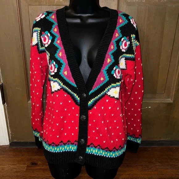 Complements 90s Retro Red Colorful Knit Button Up Cardigan Sweater Size S - Picture 4 of 14